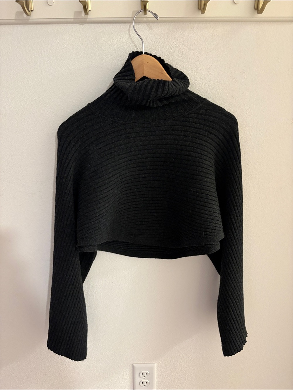 Free People Black Cropped Ribbed Turtleneck Sweater